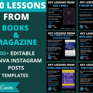 Books Summaries and life lesson- Social Media Bundle (Infographics), 200+ Images, Canva Templates