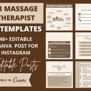 Massage therapist Instagram templates. Social Media Bundle, 48 templates, Editable Canva Templates
