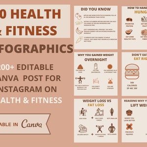 Health and Fitness infographics - Social Media Bundle (Infographics),200+ Images, Canva Templates. Health and Fitness Instagram Posts. Fitness Bundle. Gym Instagram Post. Instagram templates for fitness