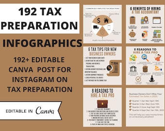Op de afbeelding: Een bruine infographic met de tekst "192 Tax Preparation Infographics" in grote zwarte letters. De infographic bevat tips voor nieuwe ondernemers, voordelen van het inhuren van een belastingadviseur en redenen om een belastingprofessional in te huren. De infographic bevat ook een lijst met geschatte belastingdata voor ondernemers in 2022.