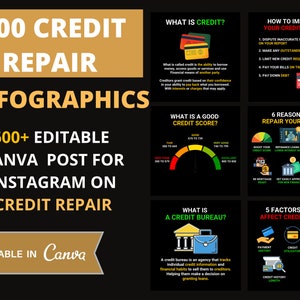 Credit Repair Instagram post templates. Social Media Bundle (Infographics), 600+ Images, Editable Canva Templates