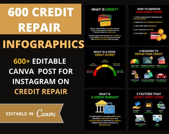 Credit Repair Instagram post templates. Social Media Bundle (Infographics), 600+ Images, Editable Canva Templates