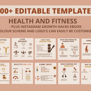 Puede incluir: Un conjunto de nueve plantillas de infograf&iacute;a coloridas para publicaciones en redes sociales sobre salud y estado f&iacute;sico. Las plantillas presentan ilustraciones de personas haciendo ejercicio, comida y otros temas relacionados con el estado f&iacute;sico. El texto en las plantillas incluye consejos y sugerencias sobre levantamiento de pesas, errores de gimnasio, gesti&oacute;n del tiempo, nutrici&oacute;n, etc.