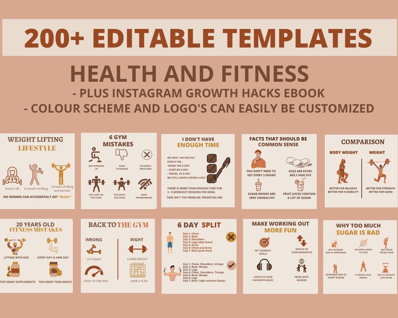 Puede incluir: Un conjunto de nueve plantillas de infograf&iacute;a coloridas para publicaciones en redes sociales sobre salud y estado f&iacute;sico. Las plantillas presentan ilustraciones de personas haciendo ejercicio, comida y otros temas relacionados con el estado f&iacute;sico. El texto en las plantillas incluye consejos y sugerencias sobre levantamiento de pesas, errores de gimnasio, gesti&oacute;n del tiempo, nutrici&oacute;n, etc.