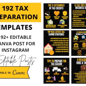Tax preparation Instagram templates. Social Media Bundle, 192 templates, Editable Canva Templates