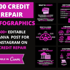 Credit Repair Instagram post templates. Social Media Bundle (Infographics), 600+ Images, Editable Canva Templates
