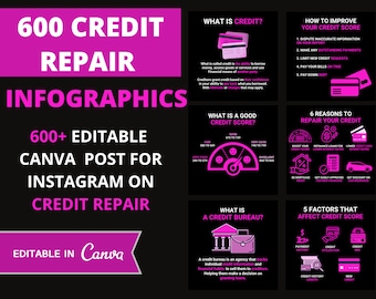 Credit Repair Instagram post templates. Social Media Bundle (Infographics), 600+ Images, Editable Canva Templates