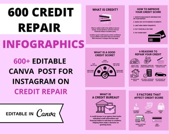 Credit Repair Instagram post templates. Social Media Bundle (Infographics), 600+ Images, Editable Canva Templates