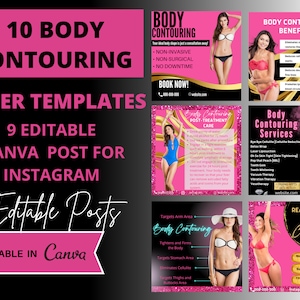 Körperkonturierung und Sculpting Instagram-Flyervorlagen. Social Media Bundle (Flyer), 10 Bilder, bearbeitbare Canva-Vorlagen