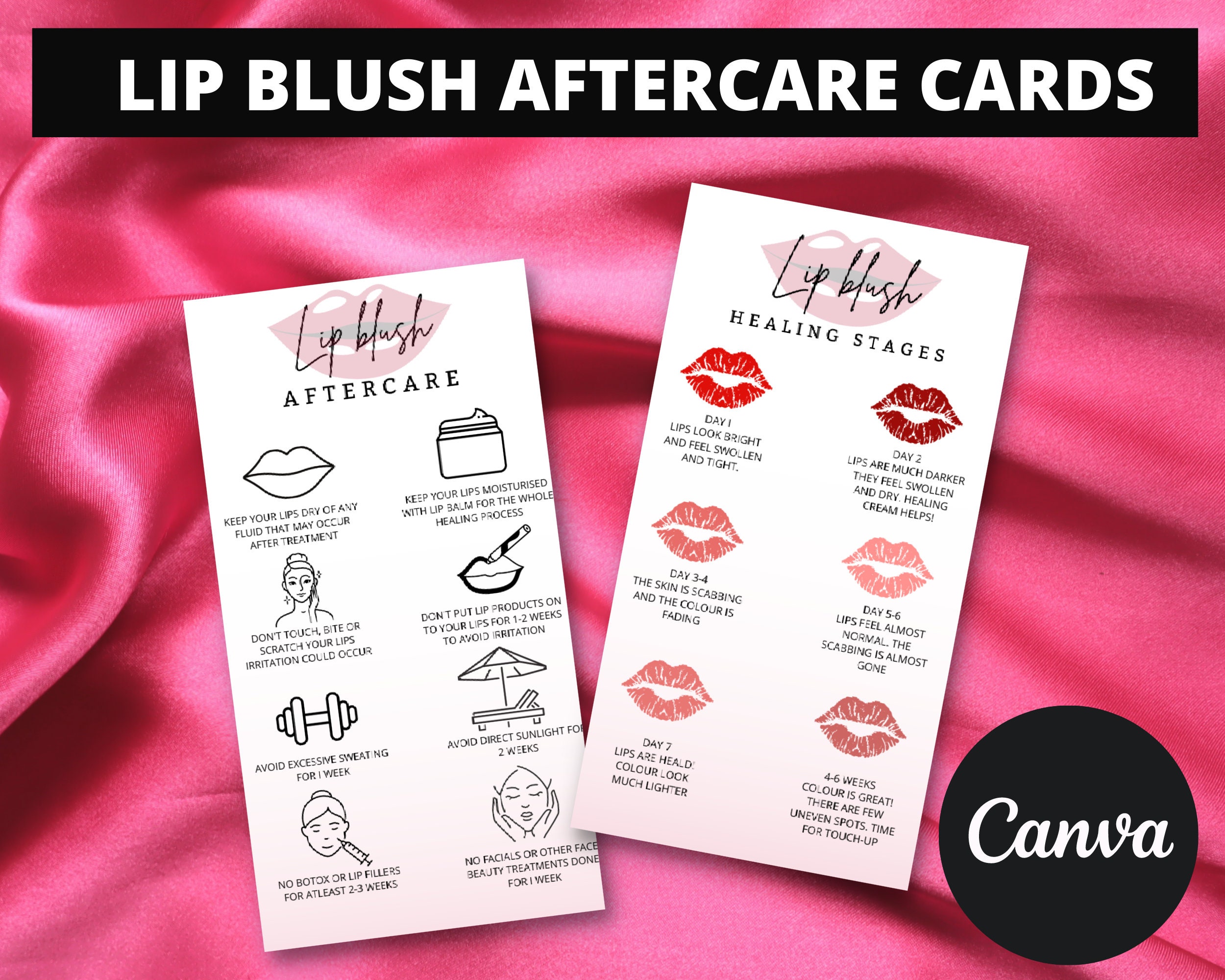 Lip Blush Aftercare Cards. Editable Aftercare Card Template, Instant Download and Printable Cards For Business, Editable in Canva.
