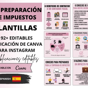 Plantas do Instagram para preparação de impostos. Pacote de redes sociais, 192 plantillas, plantillas de Canva editables.