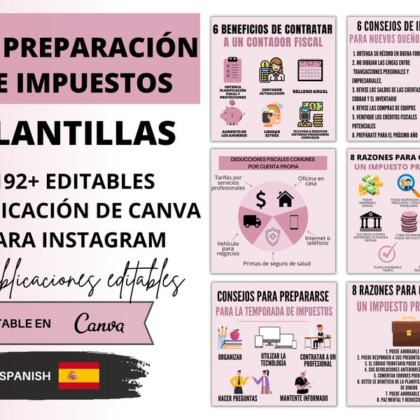 Plantillas de Instagram para preparación de impuestos. Paquete de redes sociales, 192 plantillas, plantillas de Canva editables.