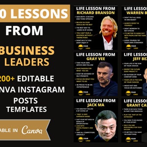 Life Lesson's from Celebrities and Business leaders. Social Media Bundle (Infographics), 200+ Images, Editable Canva Templates