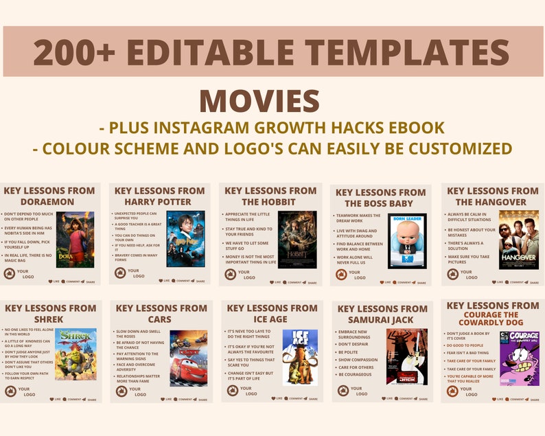200 Movies Instagram Infographic template, lesson from movies post, Movies Social Media Bundle, Instagram templates image 2
