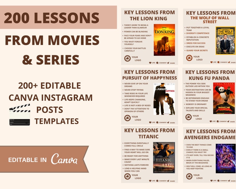 200 Movies Instagram Infographic template, lesson from movies post, Movies Social Media Bundle, Instagram templates image 1