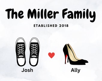 Puede incluir: Fondo blanco con el texto "The Miller Family ESTABLISHED 2018". La imagen presenta ilustraciones en blanco y negro de zapatillas deportivas y tacones altos, con un corazón rojo en medio. Los nombres "Josh" y "Ally" están debajo de los zapatos.
