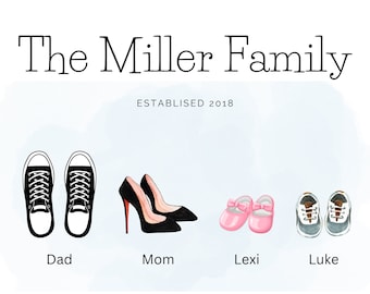 Puede incluir: Una impresión familiar personalizada con el texto "The Miller Family" y "ESTABLISHED 2018". La imagen presenta ilustraciones de zapatos: zapatillas deportivas, tacones altos, zapatos de bebé y zapatillas para niños pequeños, etiquetados como "Dad", "Mom", "Lexi" y "Luke".