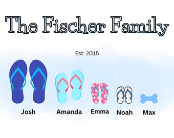 Puede incluir: Gráfico familiar personalizado con el texto "The Fischer Family" y "Est: 2015". Presenta pares de chanclas en varios colores, cada uno etiquetado con un nombre, y un icono de hueso de perro.