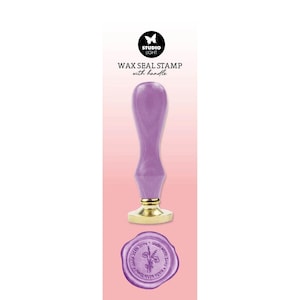May include: A lavender wax seal stamp with a handle. The stamp has a gold base and a lavender handle. The stamp is shown with a lavender wax seal with a floral design and text. The text on the image reads "WAX SEAL STAMP with handle".