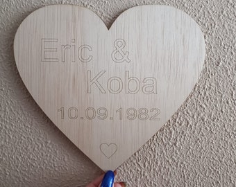 Wooden wedding heart with text 20x18cm