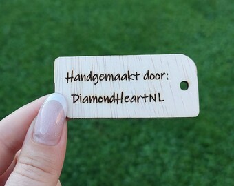 Houten labels, aangepaste houten labels, kledinglabels, houten labels handmade by, cadeau tag