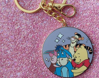 Winnie the Pooh Disney Enamel Keychain, Winnie the Pooh and Friends Gold Metal Key Ring, Handmade Novelty Gift, Disney-Inspired Keyring