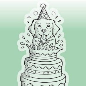 May include: Clear stamp with a black and white illustration of a dog wearing a party hat on a three-tiered cake. The stamp measures 74 x 105 mm and is for stamping with ink to make cards.
