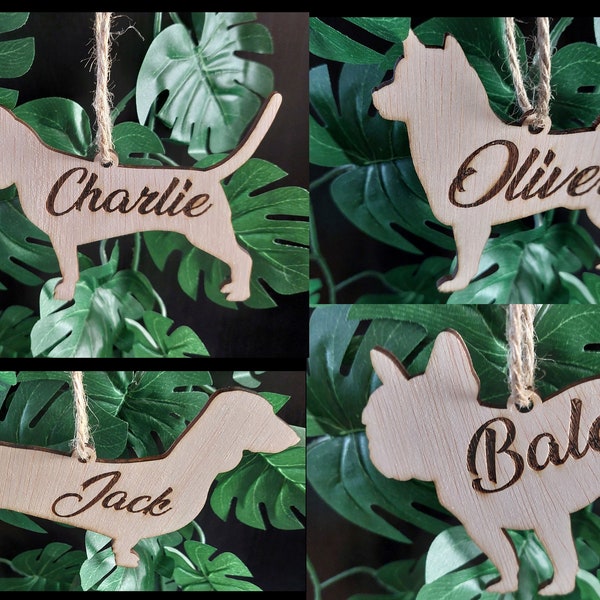 Custom Dog Ornament, Wooden Dog Memorial Ornament, Christmas Ornament Personalized with Names, Different dog breeds