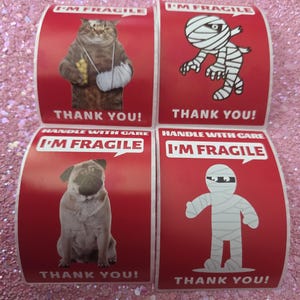 Könnte beinhalten: Vier rote Versandetiketten mit dem Text "I'M FRAGILE" und "THANK YOU!". Die Etiketten zeigen Bilder einer Katze mit Verband, einer Mumie, einer Möpse und einer Mumie. Die Worte "HANDLE WITH CARE" sind ebenfalls vorhanden.
