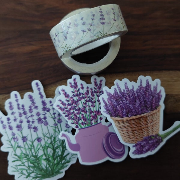 Lavender washi tape + 3 stickers lavender image - scrapbook, snail mail, bullet journaling
