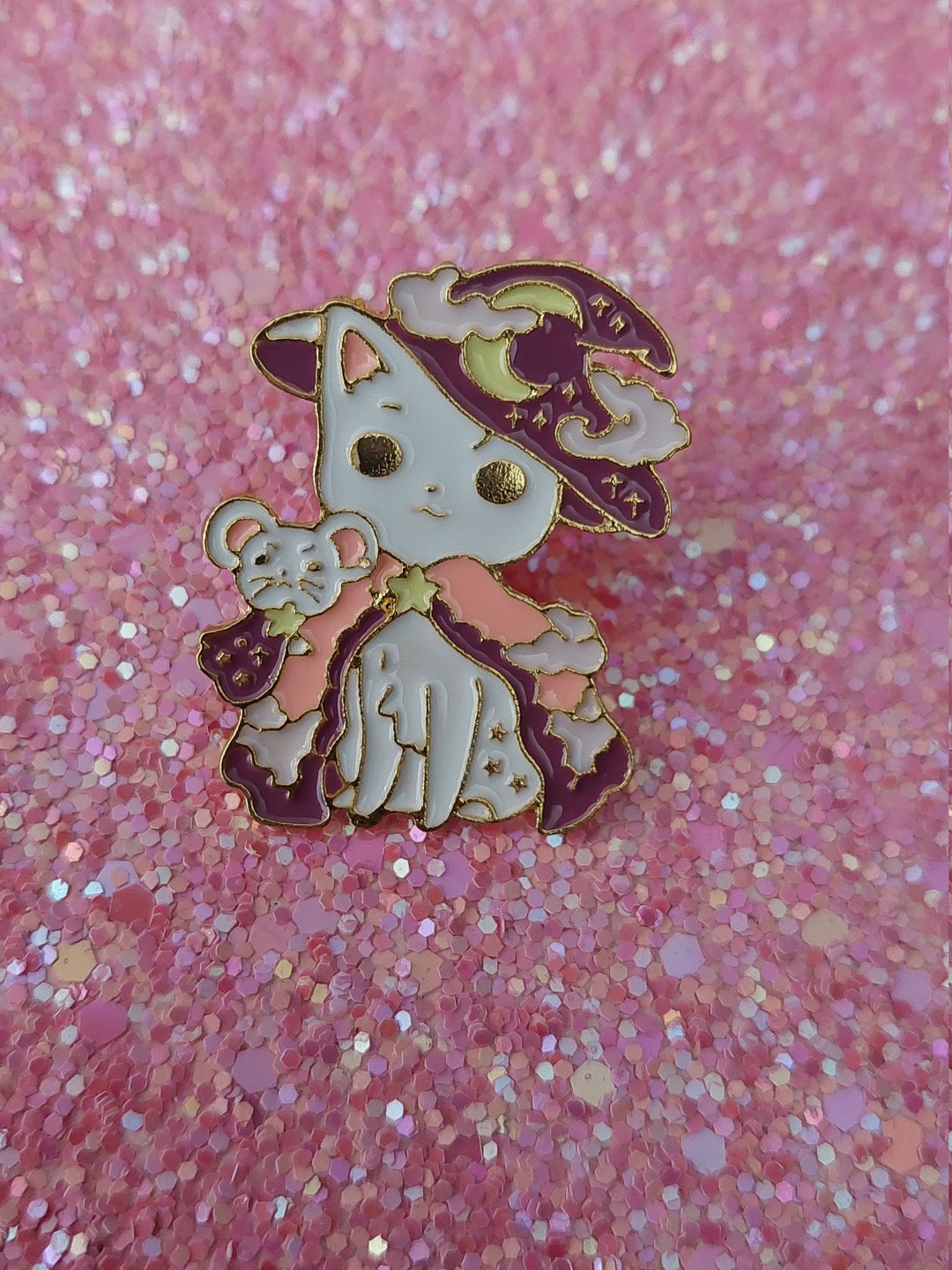Magic Cat Pin Cute Enamel Pin Magic Wizard Cat in Black or White - Etsy