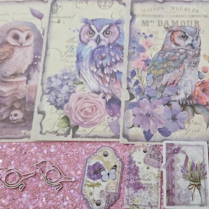Set di carta e adesivi gufo viola con 3 graffette a forma di uccello