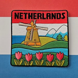 Toppa termoadesiva Paesi Bassi - Campo di tulipani olandesi con mulino a vento, distintivi olandesi, toppe regalo per zaino