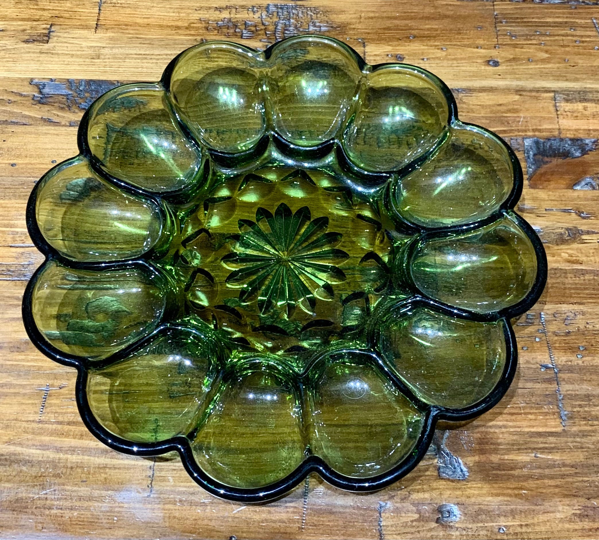 Vintage Green Glass Deviled Egg Plate Etsy