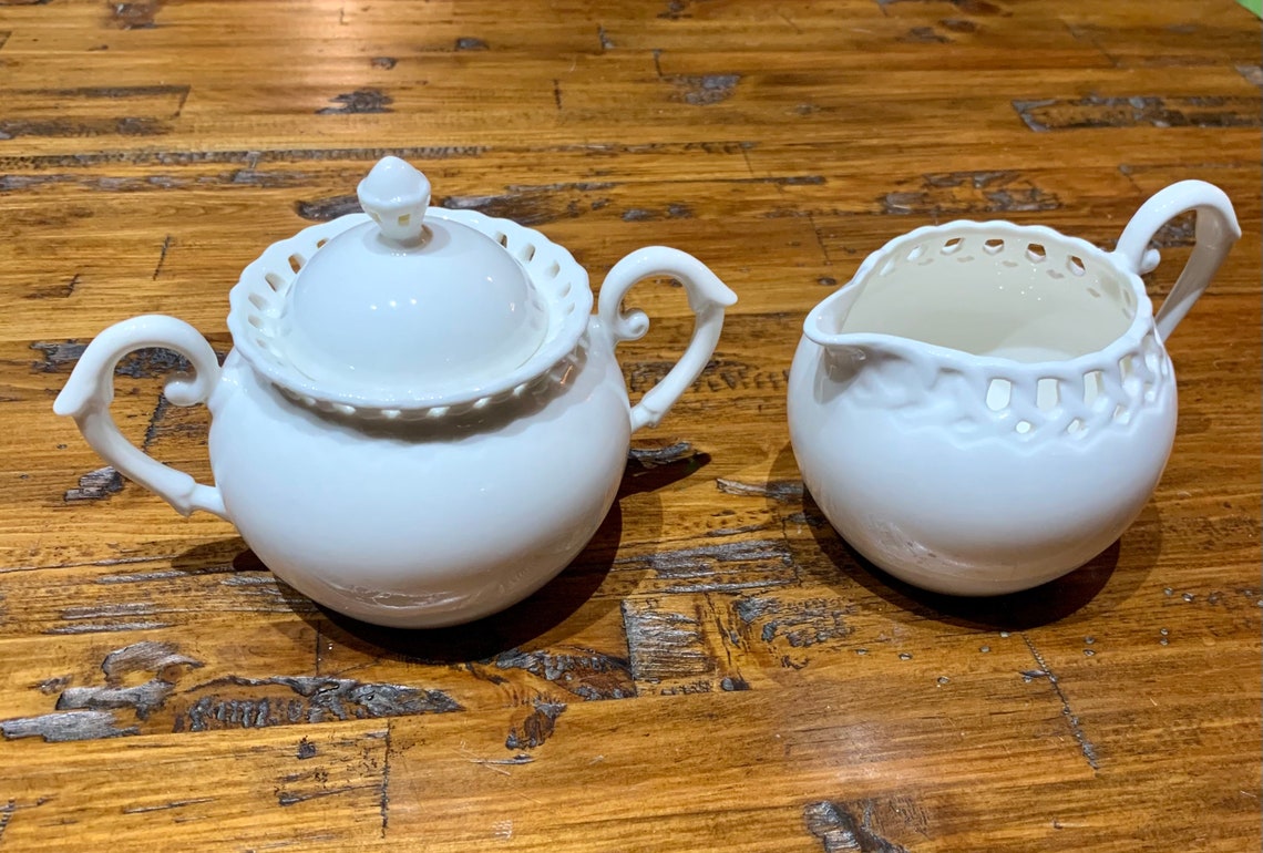 Graces teaware Creamer And Sugar Set White Fine Porcelain Etsy