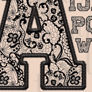 Alfabeto universitario de encaje negro PNG, letras universitarias de sublimación, alfabeto de bordado falso, camiseta deportiva floral, boho shabby romántico, coqueta
