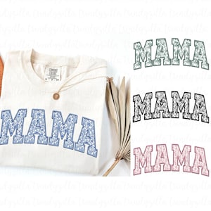 Mama chinoiserie png, 4 shirtontwerpen, blauw groen roze zwarte bloemen sublimatie, Moederdag afdrukbare clipart, retro college letters
