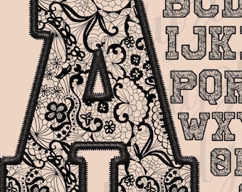 Letras universitarias de encaje negro PNG: Alfabeto con bordado floral (Descarga digital)