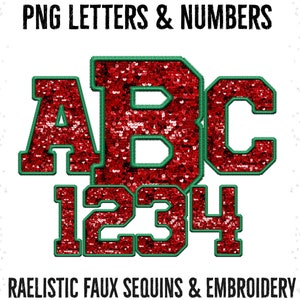 May include: Red letters and numbers with a green outline, resembling faux sequins or embroidery. The letters spell out "ABC" and the numbers spell out "1234". The text "PNG LETTERS & NUMBERS" appears at the top of the image and "REALISTIC FAUX SEQUINS & EMBROIDERY" appears at the bottom.