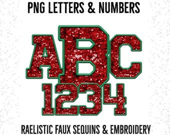 Red Sequin Jersey Font: Green Faux Embroidery Alpha Set (PNG Digital Download)