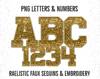 Gold Sequin Jersey Font: Faux Embroidery Alphabet (PNG Digital Download)
