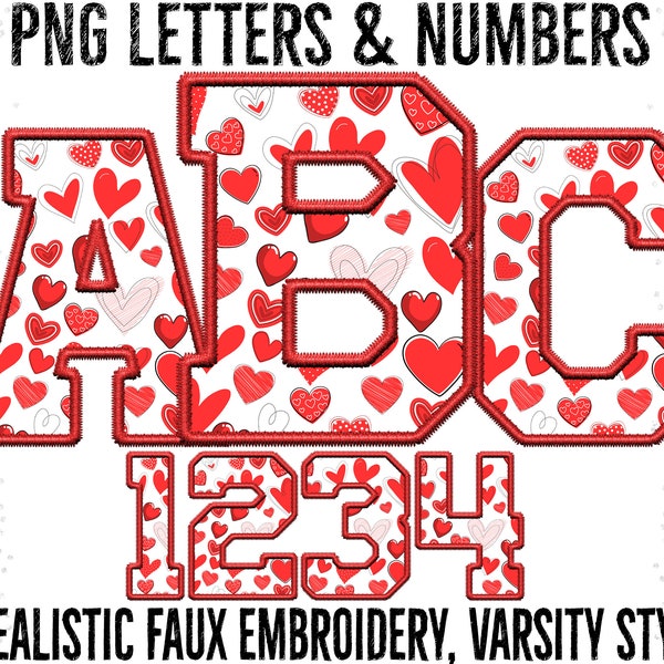 Valentine Faux Embroidery Alpha Set, Love Letters, Jersey Font, Sport college PNG, Stitch Border Letters, Doodle Heart Alphabet