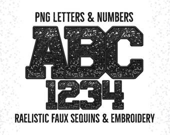 Faux Sequin Embroidery PNG Alphabet: Black Jersey Font (Digital Download)