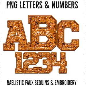 May include: Gold glitter letters and numbers, A B C 1 2 3 4, with a faux sequin and embroidery design. PNG Letters & Numbers. Realistic Faux Sequins & Embroidery.