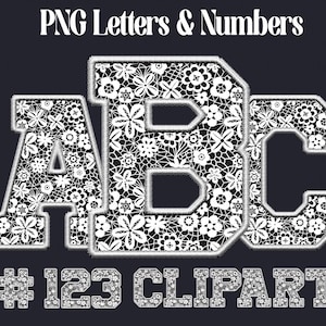 Può includere: Lettere A, B e C in pizzo bianco con un motivo floreale. Le lettere sono contornate d'argento e hanno un effetto ombra. Sotto le lettere c'è il testo #123 CLIPART in argento con un effetto ombra.