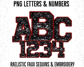 Black Sequin & Red Faux Embroidery Alpha Set: PNG Jersey Font (Digital Download)