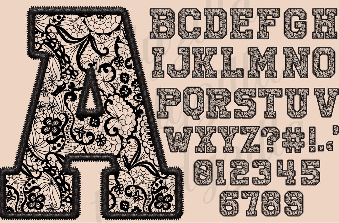 Black Lace Varsity Letters PNG: Floral Embroidery Alphabet (digital ...