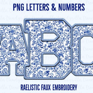Blue Chinoiserie Alpha PNG, lettere a sublimazione, Blue Toile College, alfabeto con ricamo finto, maglia sportiva floreale, romantico shabby boho