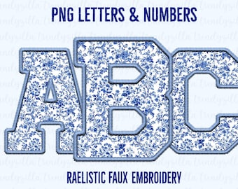 Blue Chinoiserie Faux Embroidery PNG Alphabet (Digital Download)