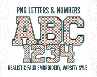 Checkered Faux Embroidery Alpha Set: Varsity PNG Letters (Digital Download)